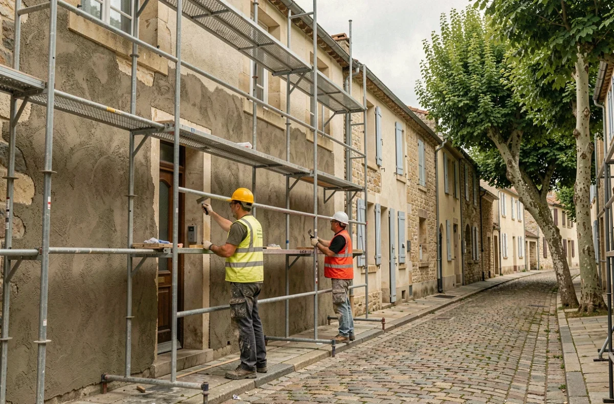 Ouvriers rénovant la façade d'une maison en pierre dans un village français avec un échafaudage, dans le cadre d'une autorisation de travaux