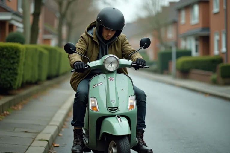 Jeune homme sur un scooter 50cc consulte le compteur kilométrique de sa moto usagée dans une rue de banlieue