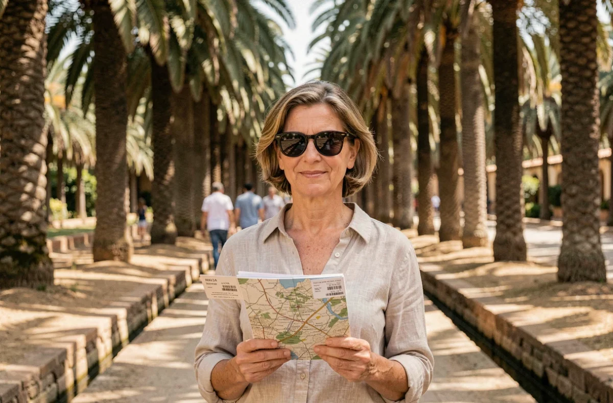 Touriste tenant un billet d'entrée dans l'allée ombragée de la Palmeraie d'Elche en Espagne