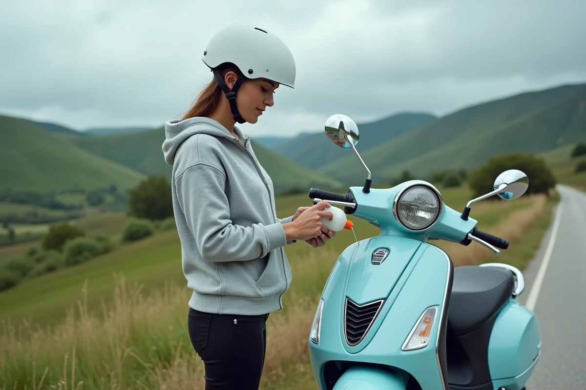 Jeune femme effectuant une vidange d'huile sur son scooter 50cc au bord d'une route de campagne