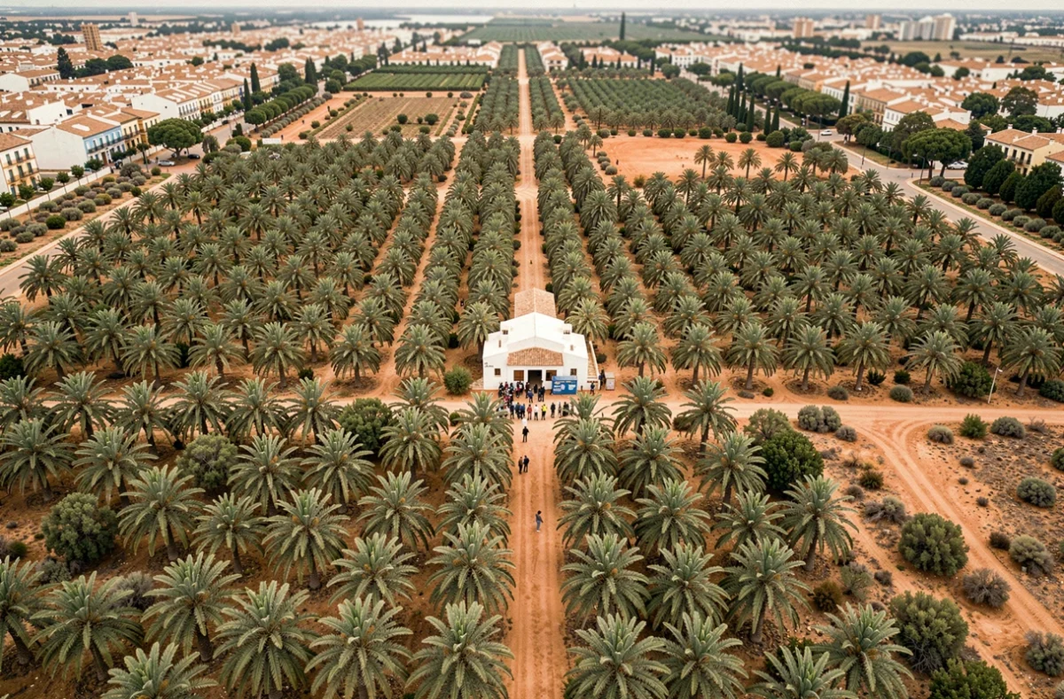 Vue aérienne de la Palmeraie d'Elche montrant l'organisation des palmiers et la billetterie du site